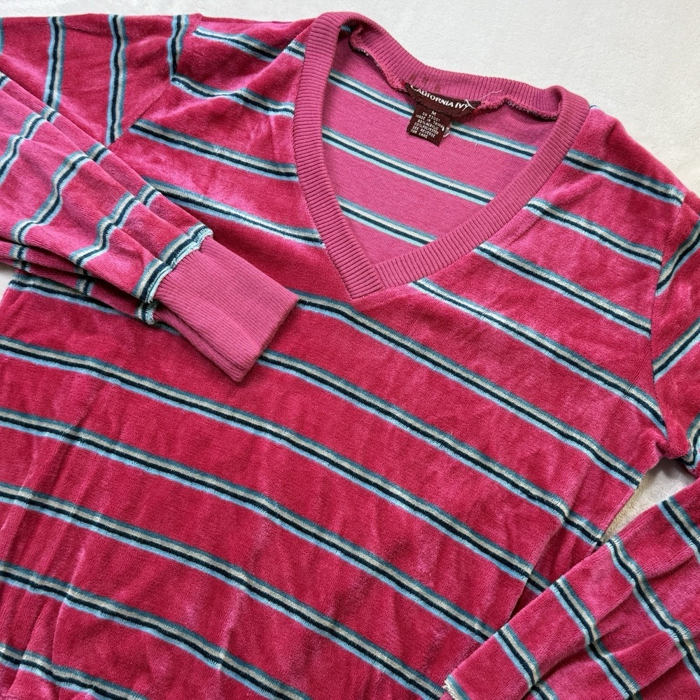 Vintage 70s California Ivy Velour Striped V Neck Sweater Pink Medium